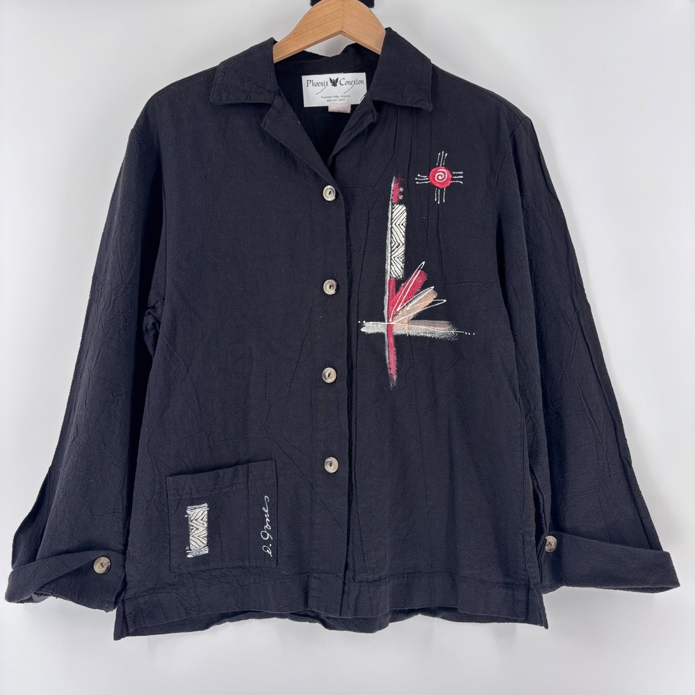 Phoenix Conexion Button Up Shirt Womens XS Black Hand Painted Art Southwestern